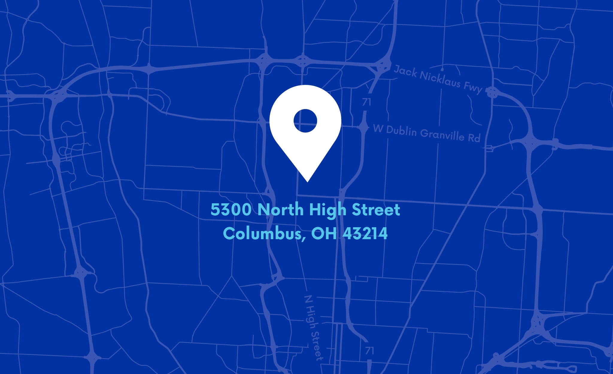 Illustrated map with a pin at 5300 North High Street, Columbus, Ohio 43214